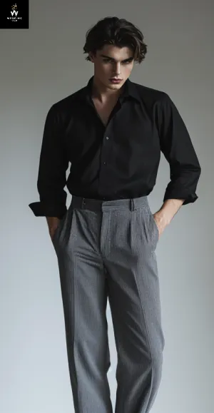 Men’s Grey Herringbone Wool Flare Trousers – Vintage 70s-Inspired Tailored Pants