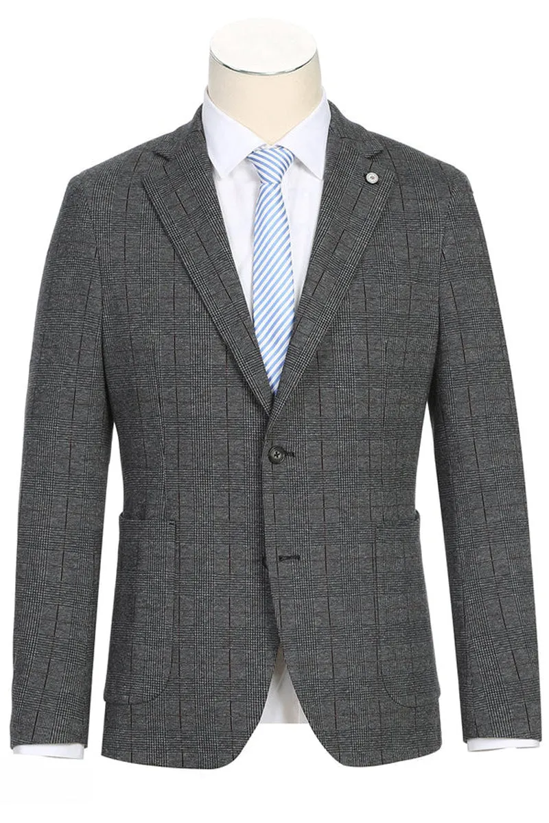 Mens Slim Fit Half Canvas Patch Pocket Summer Cotton Blazer In Charcoal Grey Windowpane Plaid