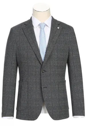 Mens Slim Fit Half Canvas Patch Pocket Summer Cotton Blazer In Charcoal Grey Windowpane Plaid