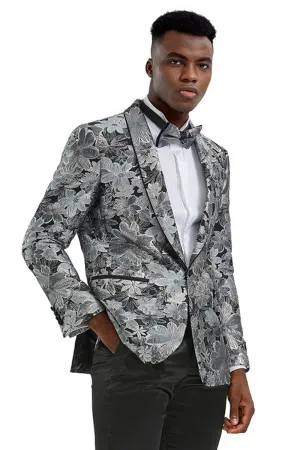 Men's Slim Fit Paisley Prom Tuxedo Jacket in Charcoal & Silver Grey