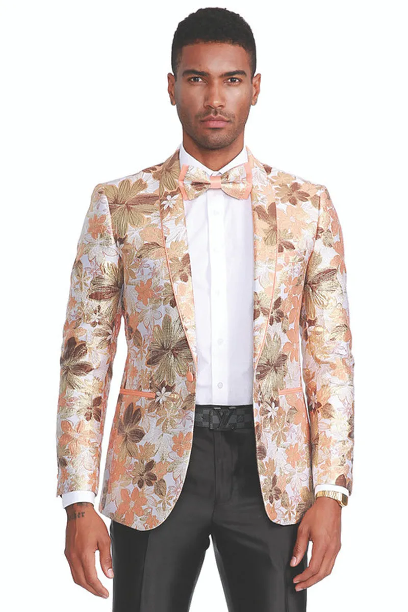 Men's Slim Fit Paisley Prom Tuxedo Jacket in Peach & Orange