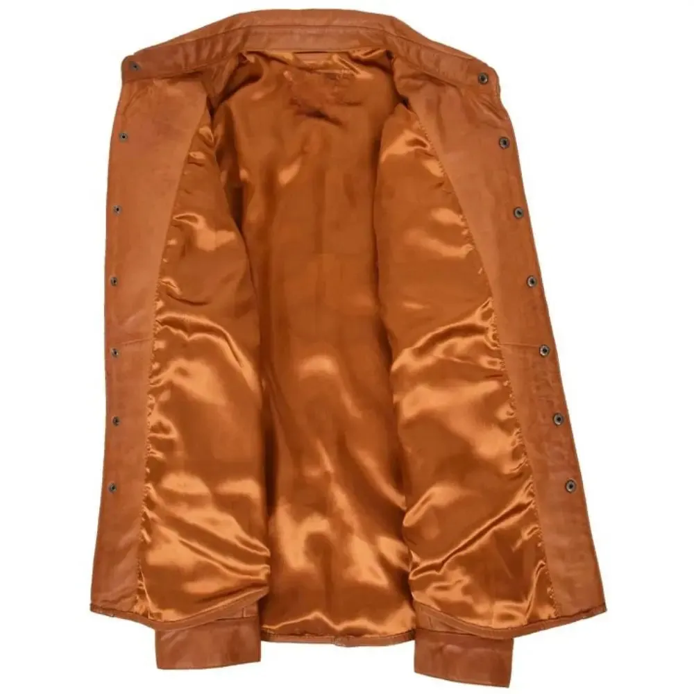 Men's Tan Button-Up Leather Shirt Jacket