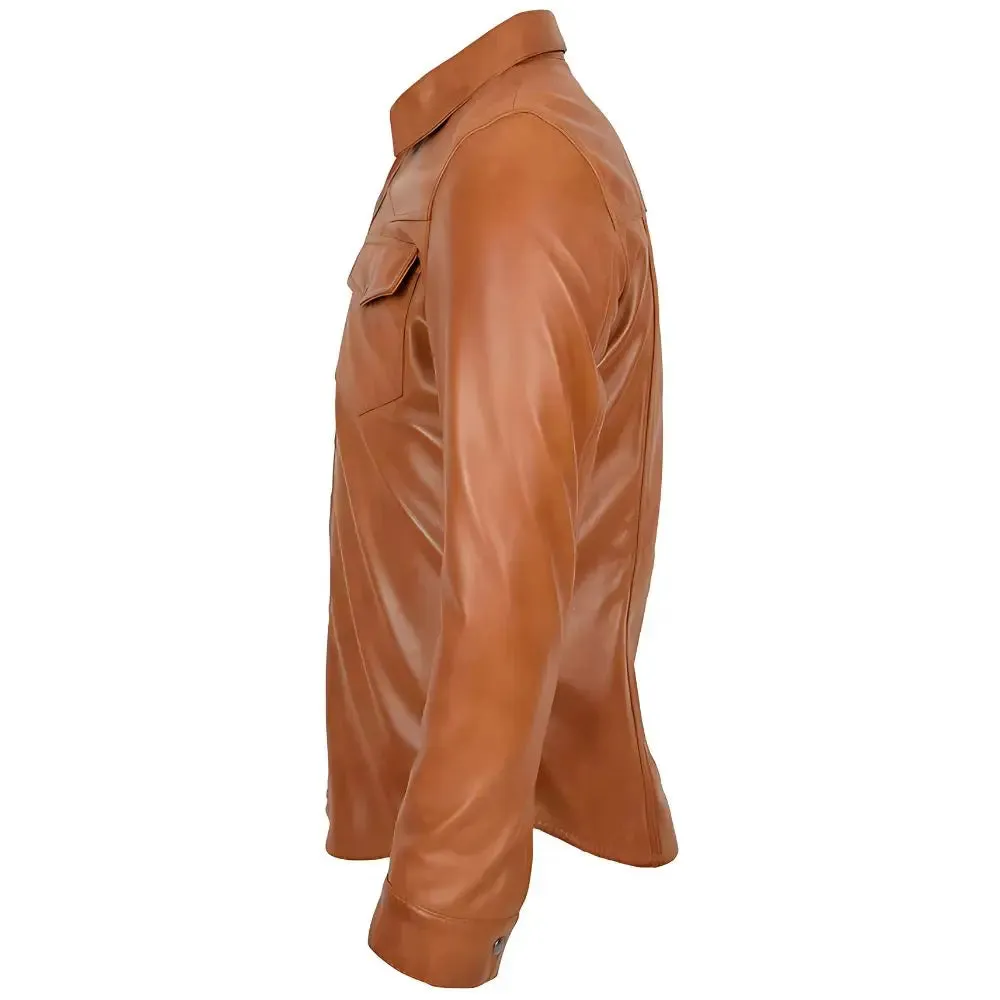 Men's Tan Button-Up Leather Shirt Jacket