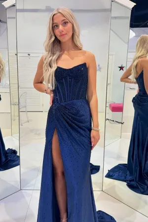 Mermaid Scoop Neck Navy Velvet Long Prom Dresses with Beading