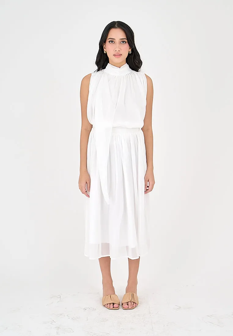 Mia White Elegant Chiffon Sleeveless Top and Midi  Skirt Set