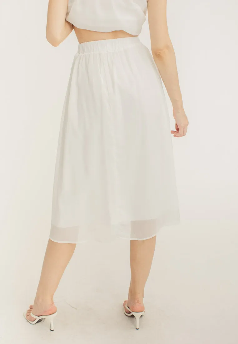 Mia White Elegant Chiffon Sleeveless Top and Midi  Skirt Set