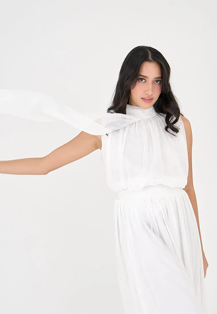 Mia White Elegant Chiffon Sleeveless Top and Midi  Skirt Set