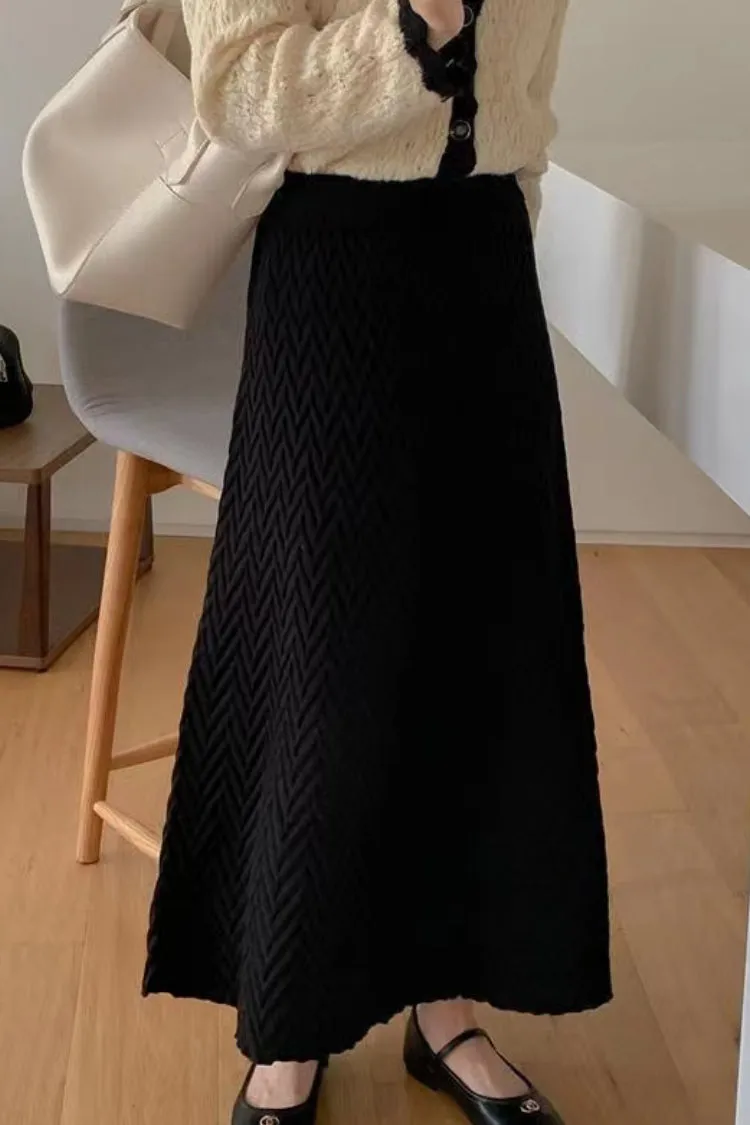mid-length braid pattern slim a-line Umbrella Knitted Skirt