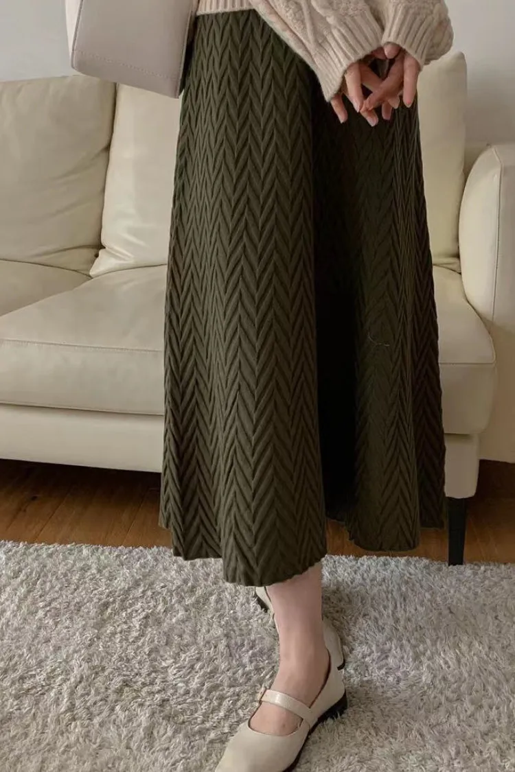 mid-length braid pattern slim a-line Umbrella Knitted Skirt