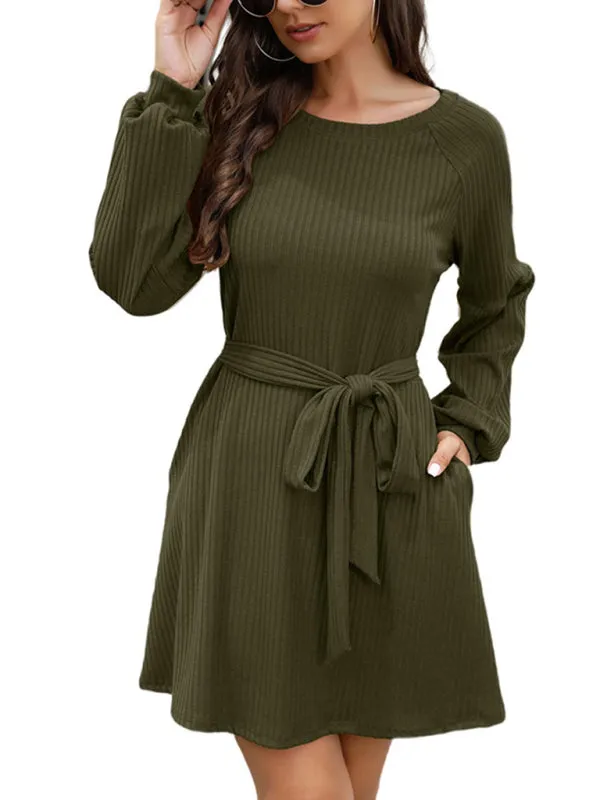 Mid-Length Ribbed Dress with Belted Waist and Long Sleeves