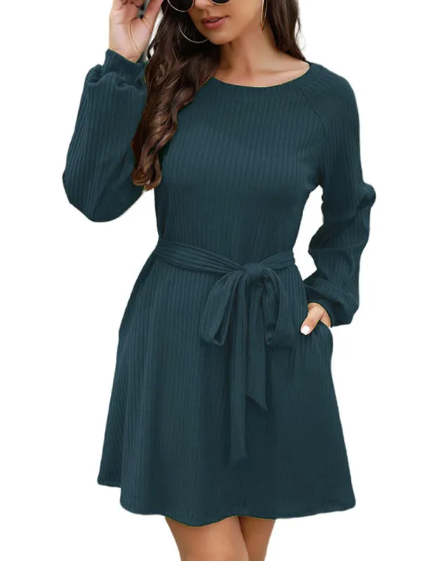 Mid-Length Ribbed Dress with Belted Waist and Long Sleeves