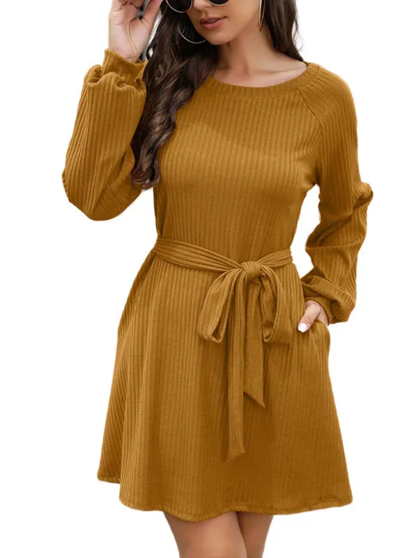 Mid-Length Ribbed Dress with Belted Waist and Long Sleeves