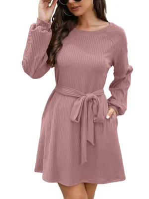 Mid-Length Ribbed Dress with Belted Waist and Long Sleeves