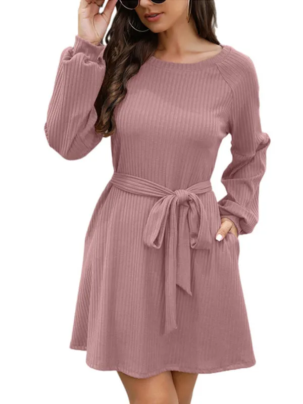 Mid-Length Ribbed Dress with Belted Waist and Long Sleeves