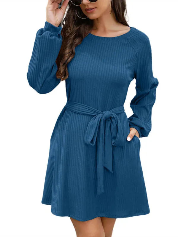Mid-Length Ribbed Dress with Belted Waist and Long Sleeves