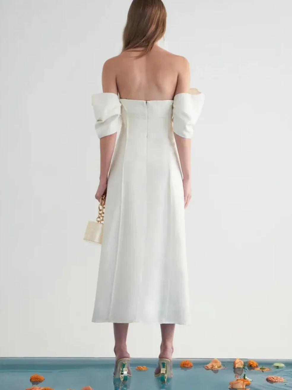 Muna Off Shoulder Ruched Sleeve Midi Dress