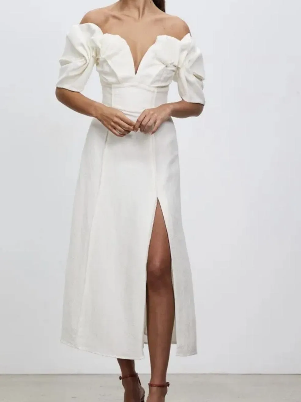 Muna Off Shoulder Ruched Sleeve Midi Dress