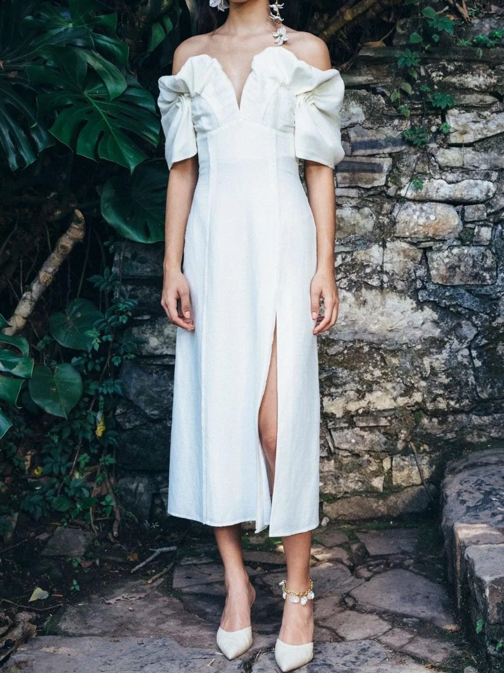 Muna Off Shoulder Ruched Sleeve Midi Dress