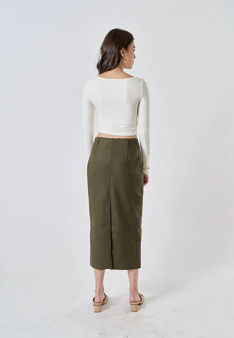 Nadja Moss Green Front And Back Slit Side Zipper Midi Skirt
