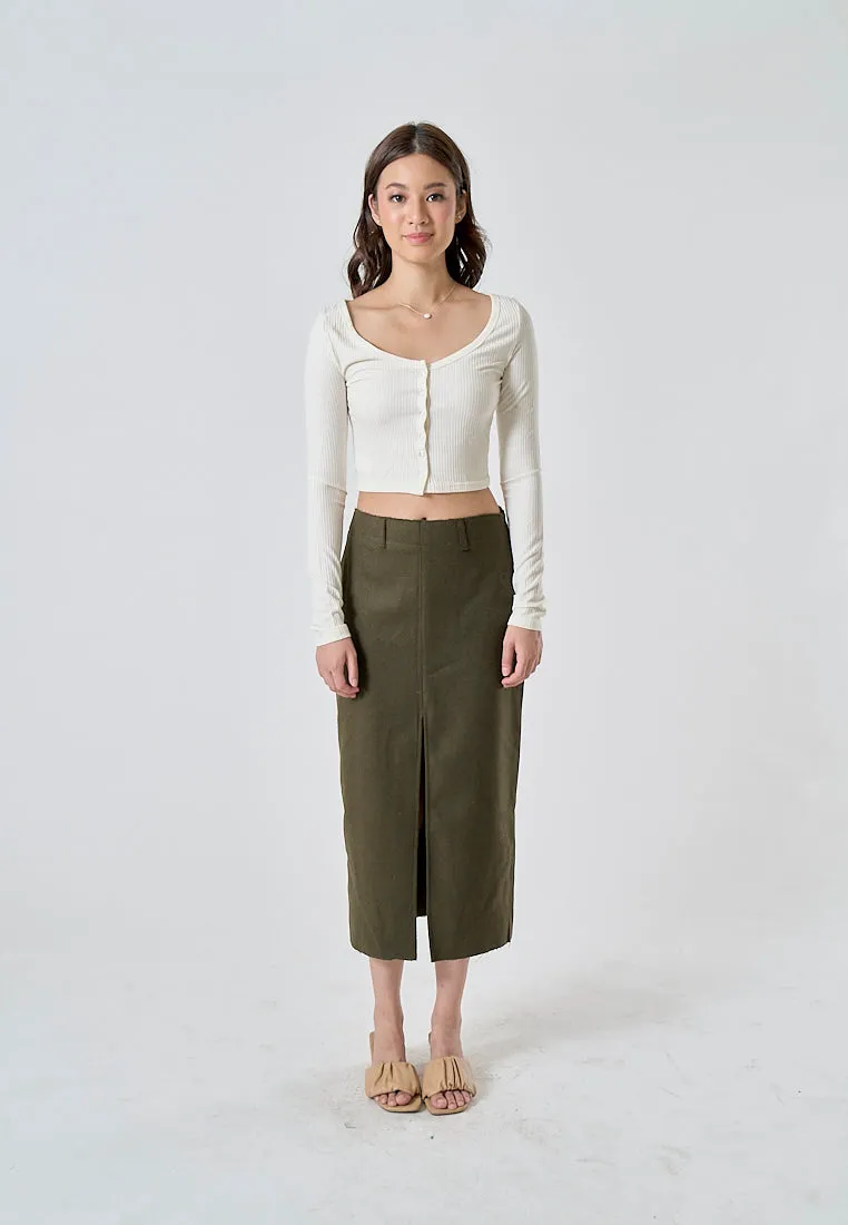 Nadja Moss Green Front And Back Slit Side Zipper Midi Skirt