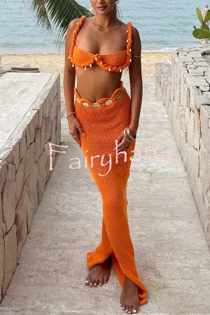 Natcha Knit Wave Mid-rise Elastic Waist Slit Stretch Maxi Skirt