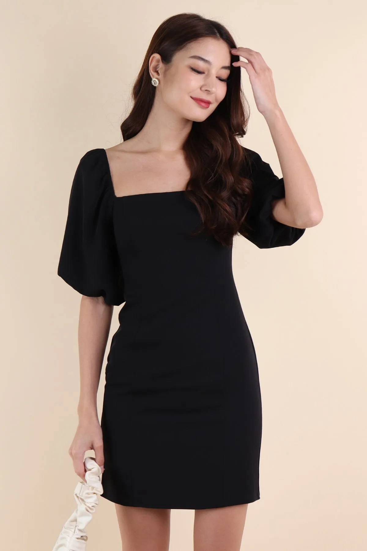 NATTY PUFF SLEEVE WORK DRESS IN BLACK