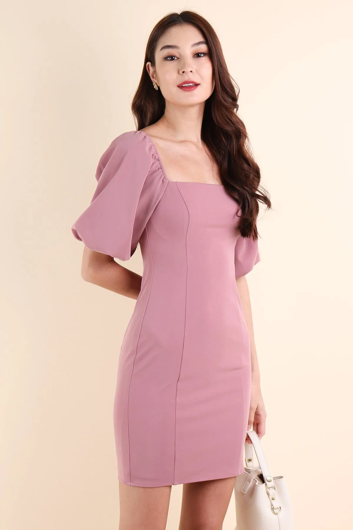 NATTY PUFF SLEEVE WORK DRESS IN ROSE MAUVE