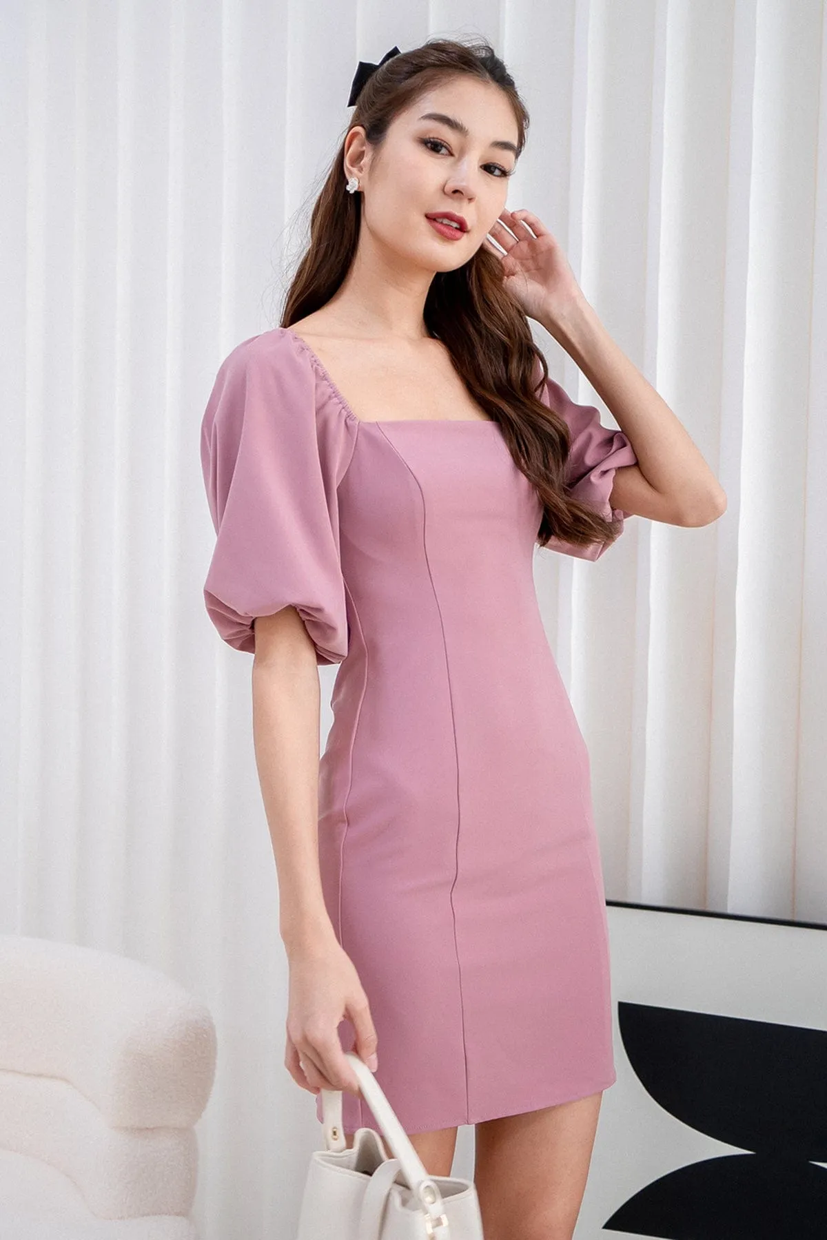 NATTY PUFF SLEEVE WORK DRESS IN ROSE MAUVE