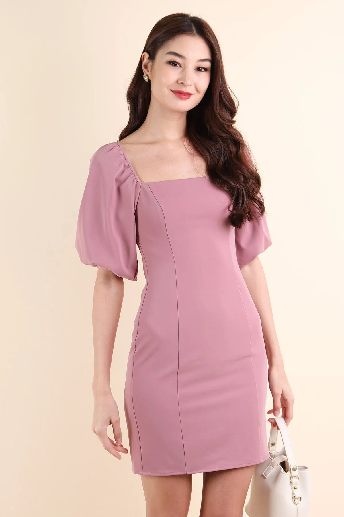 NATTY PUFF SLEEVE WORK DRESS IN ROSE MAUVE