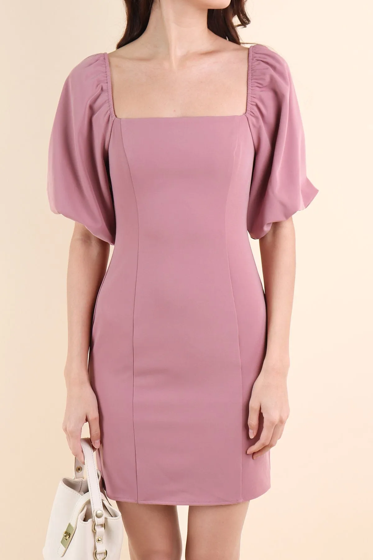 NATTY PUFF SLEEVE WORK DRESS IN ROSE MAUVE