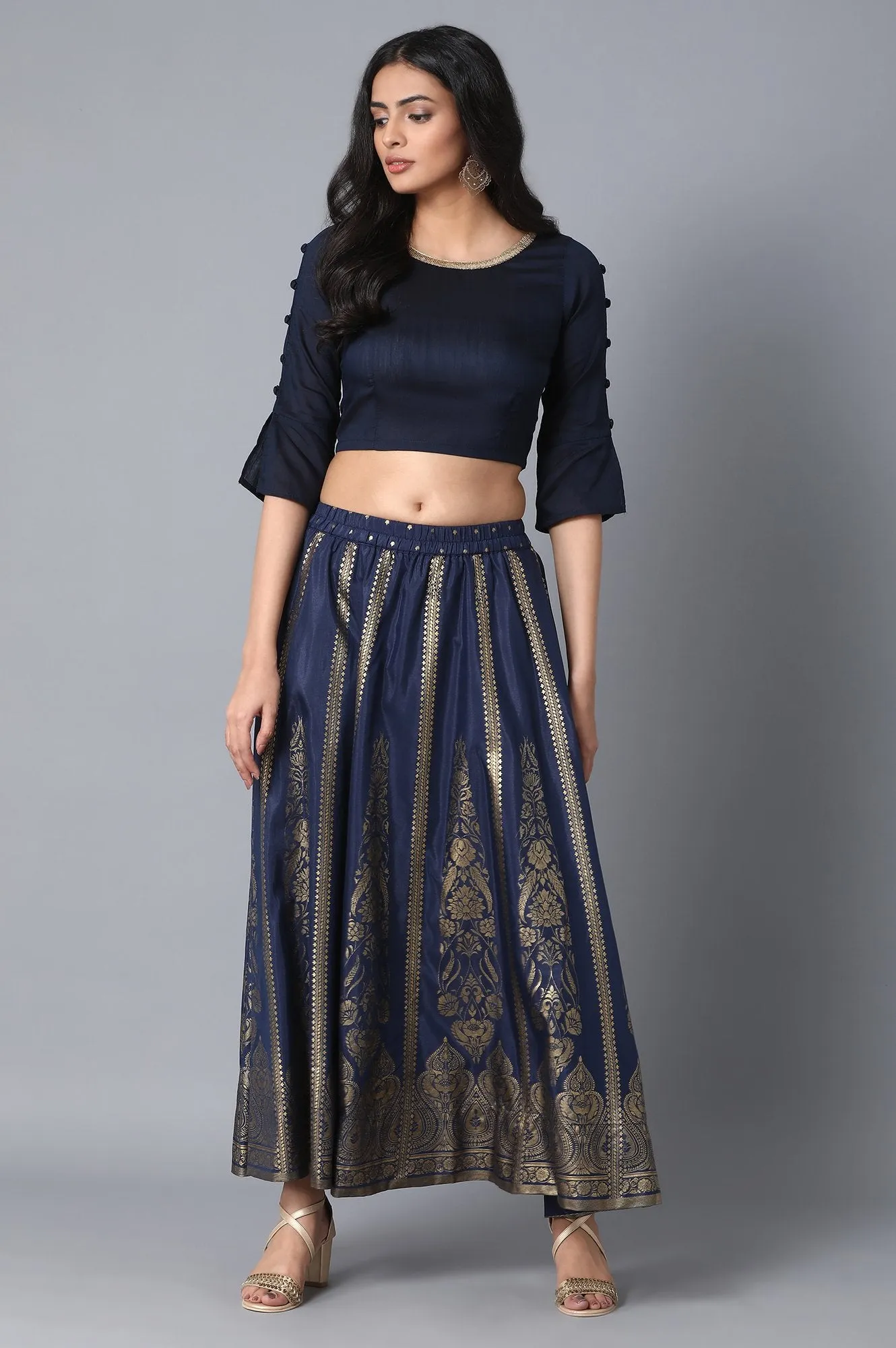 Navy Blue Printed Flared Skirt