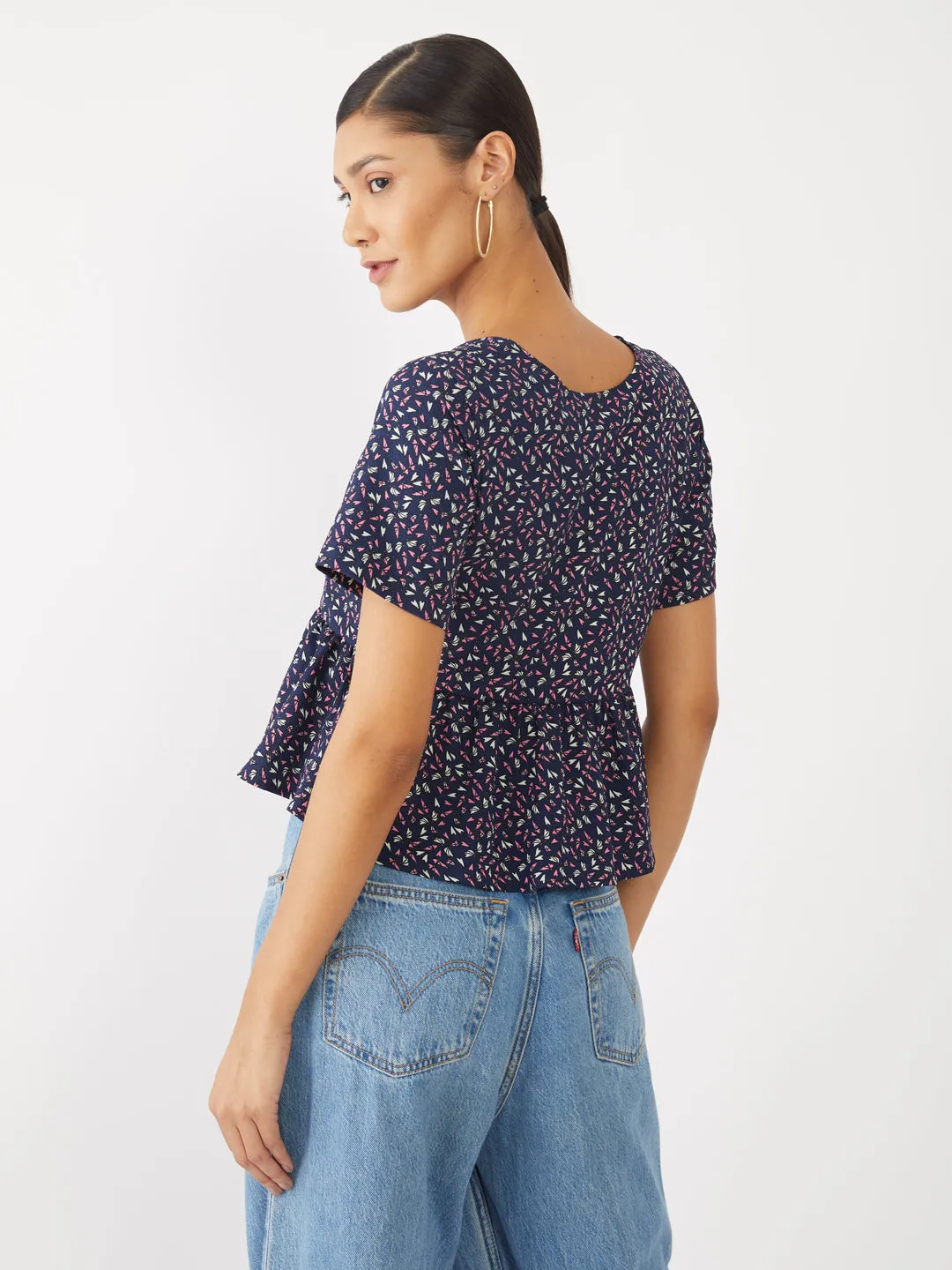 Navy Blue Printed Peplum Top