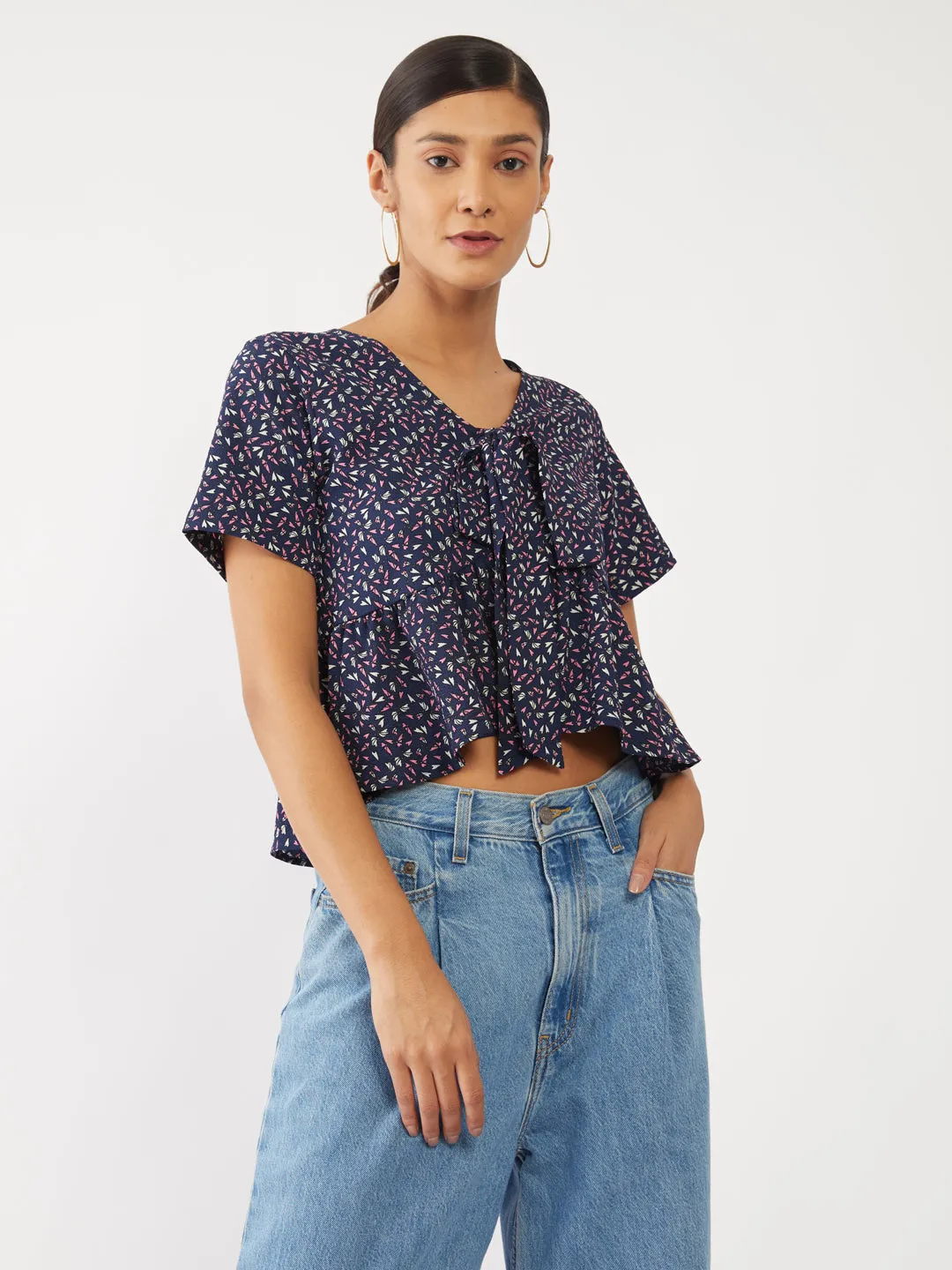 Navy Blue Printed Peplum Top