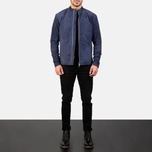 Navy Blue Suede Bomber Jacket for Men - Slim Fit Classic Style