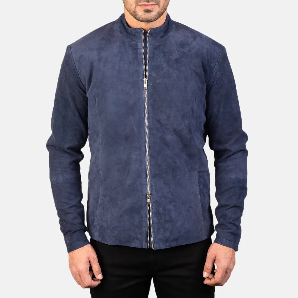 Navy Blue Suede Bomber Jacket for Men - Slim Fit Classic Style