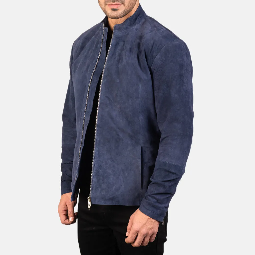 Navy Blue Suede Bomber Jacket for Men - Slim Fit Classic Style