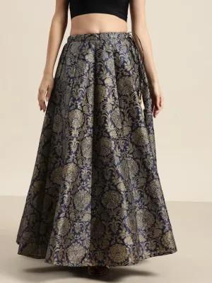 Navy Jacquard Floral Anarkali Skirt