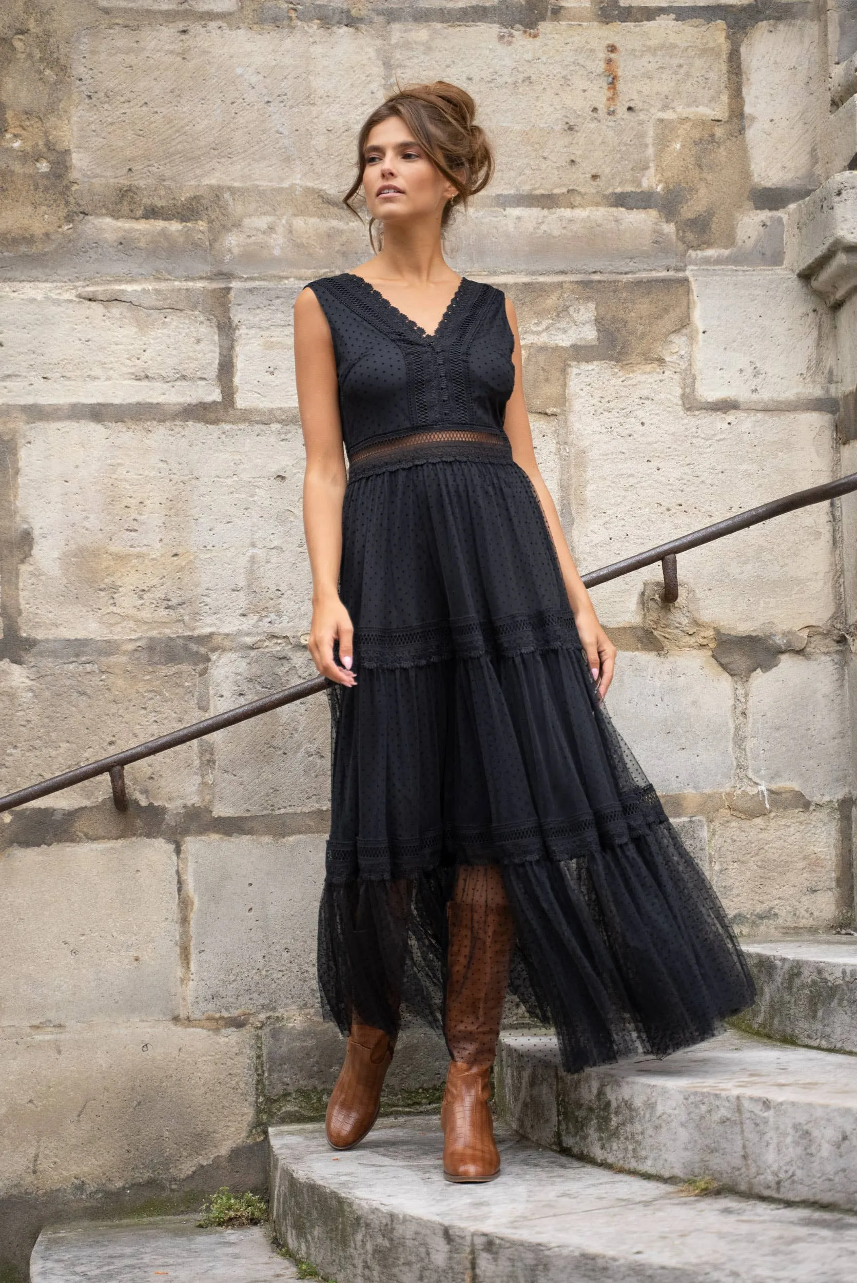 Nikky Long Dress in Plumetis Tulle