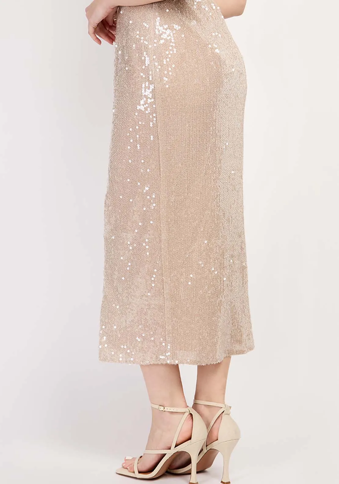 Nude Sequin Midi Skirt - Cream
