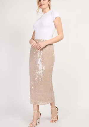 Nude Sequin Midi Skirt - Cream