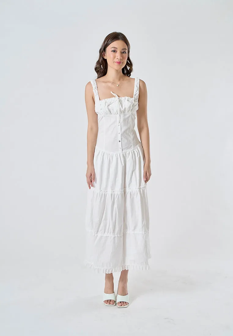 Odile White Ruched Bust Square Neck Sleeveless Tiered Midi Dress