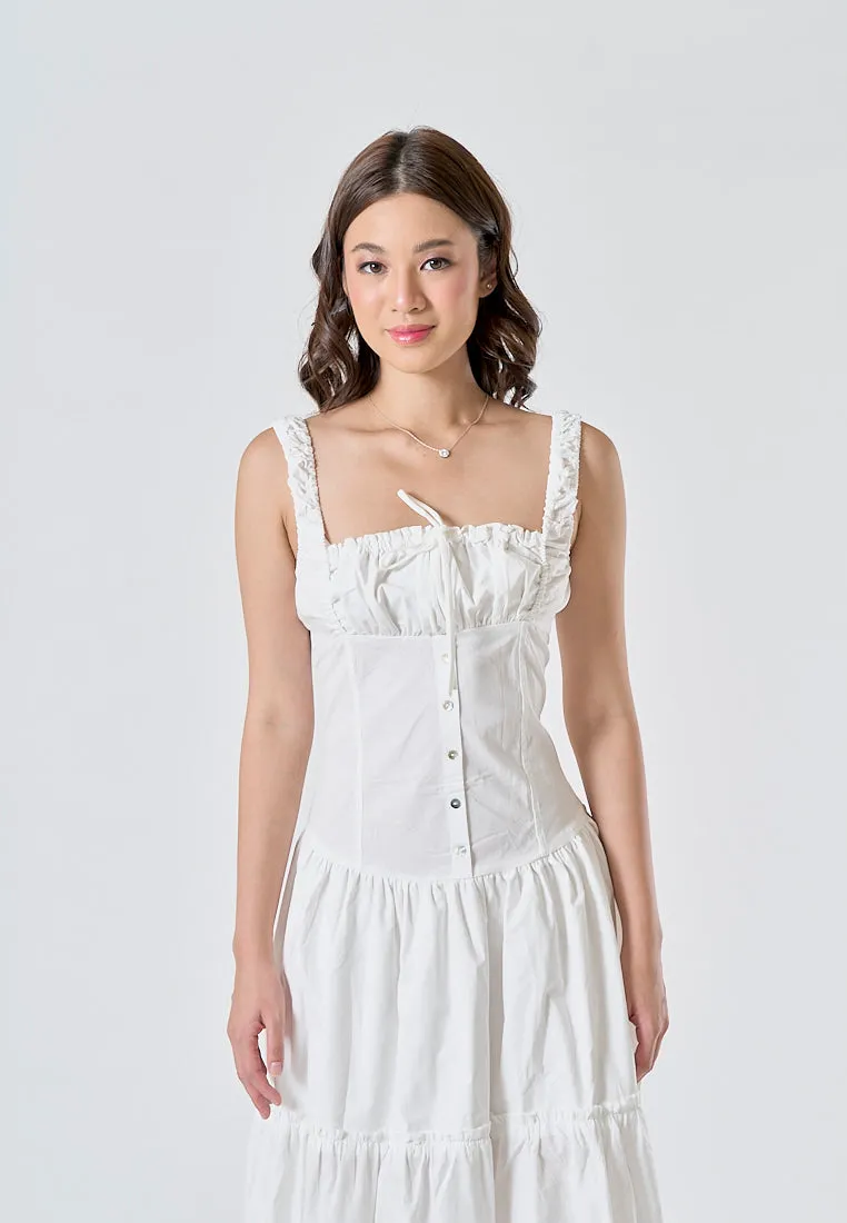 Odile White Ruched Bust Square Neck Sleeveless Tiered Midi Dress