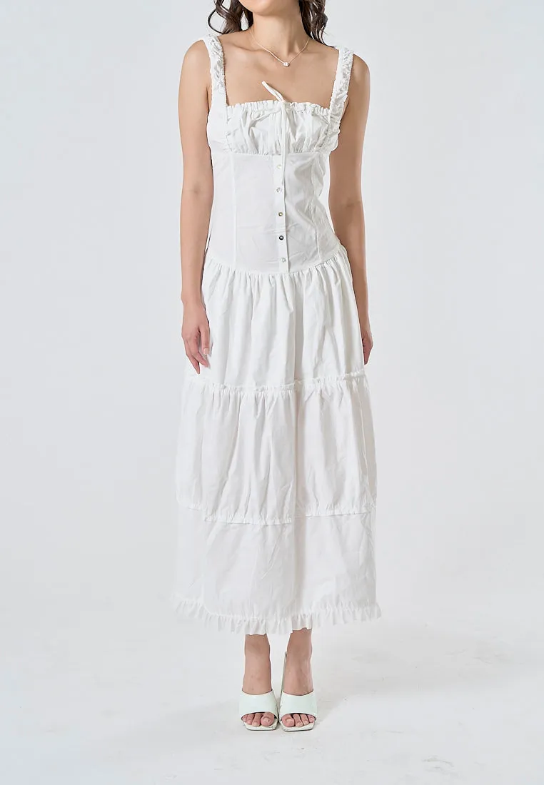 Odile White Ruched Bust Square Neck Sleeveless Tiered Midi Dress