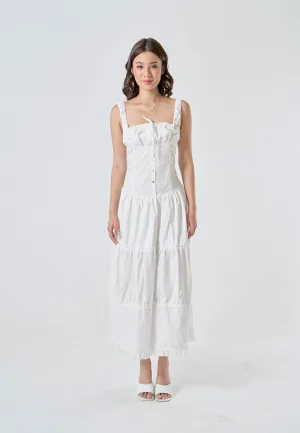 Odile White Ruched Bust Square Neck Sleeveless Tiered Midi Dress