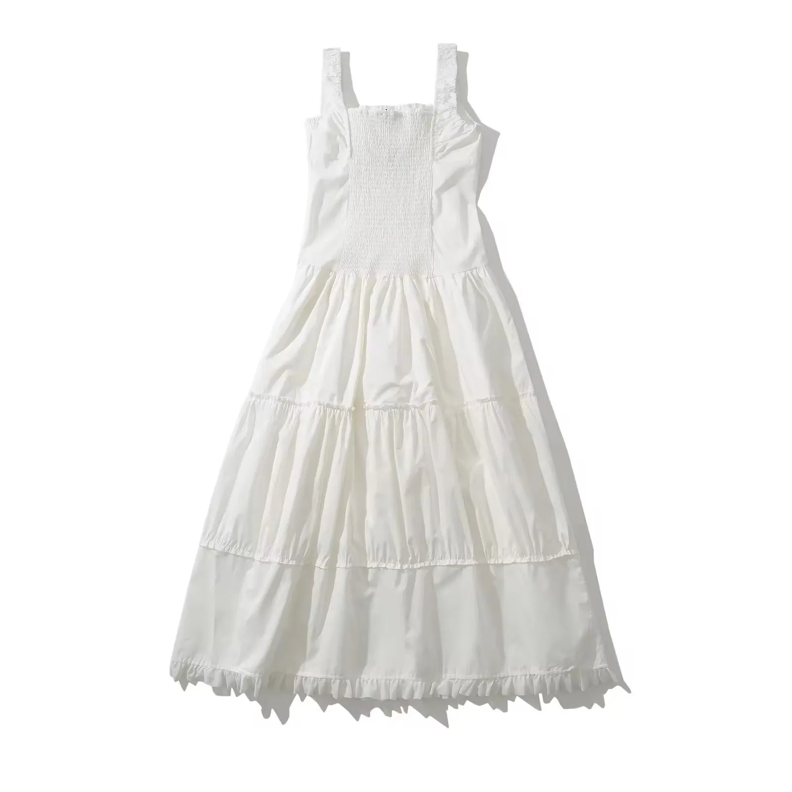 Odile White Ruched Bust Square Neck Sleeveless Tiered Midi Dress