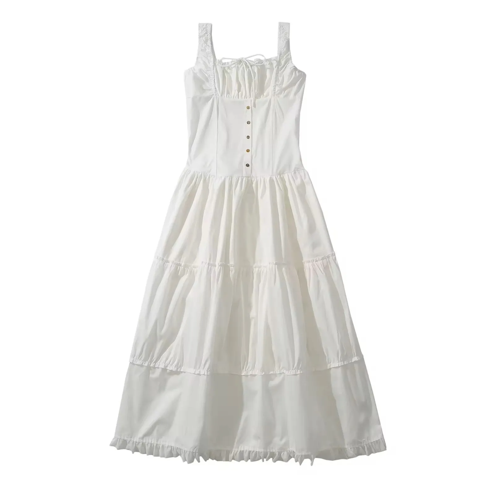 Odile White Ruched Bust Square Neck Sleeveless Tiered Midi Dress