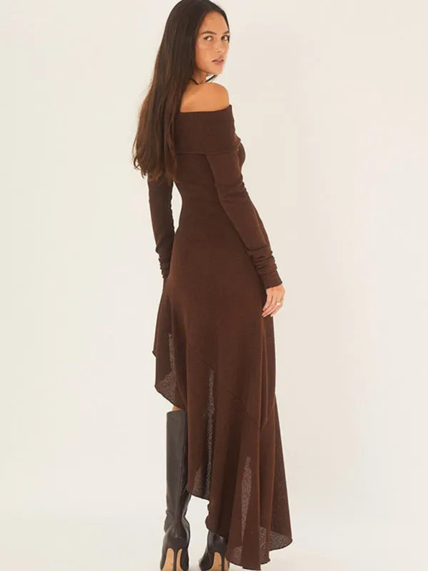 Off-Shoulder Bodycon Dress with High Slit and Chain Belt