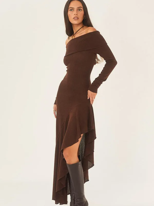 Off-Shoulder Bodycon Dress with High Slit and Chain Belt