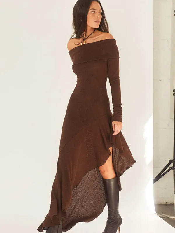 Off-Shoulder Bodycon Dress with High Slit and Chain Belt