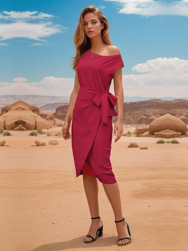 Off-Shoulder Wrap Dress with Bow Tie Waist